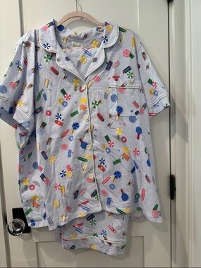 BedHead Light Blue Short Sleeve Pajama Set with Multicolor Summer Print